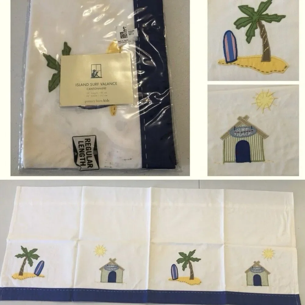 SET OF 2 - Pottery Barn Kids Island Surf Valance Cantonniere Surfboard Palm Tree